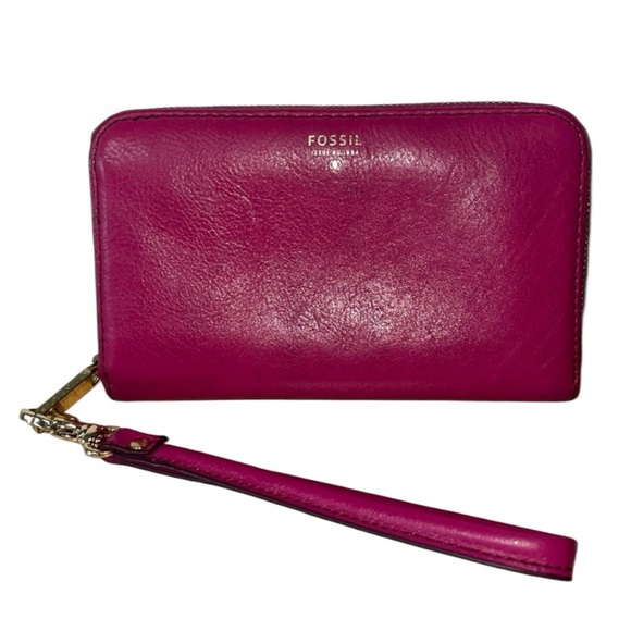 Fossil Wristlet Wallet  Genuine Soft Leather Hot Pink Magenta Classic Lucky - Picture 1 of 4